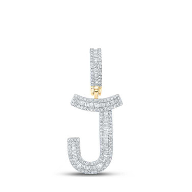 Image of 10kt Yellow Gold Mens Baguette Diamond Initial J Letter Charm Pendant 3/4 Cttw