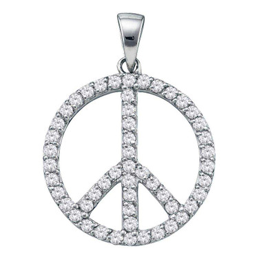 Image of 14kt White Gold Womens Round Diamond Peace Sign Circle Pendant 3/4 Cttw