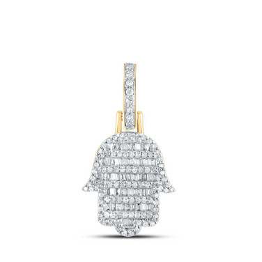 Image of 10kt Yellow Gold Mens Baguette Diamond Hamsa Charm Pendant 1/2 Cttw