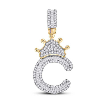 Image of 10kt Yellow Gold Mens Baguette Diamond Crown C Letter Charm Pendant 5/8 Cttw