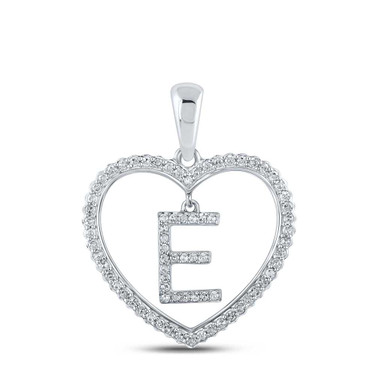 Image of 10kt White Gold Womens Round Diamond Heart E Letter Pendant 1/4 Cttw