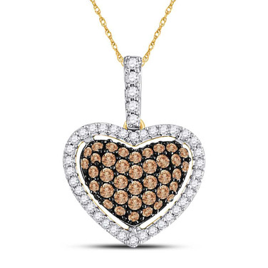 Image of 10kt Yellow Gold Womens Round Brown Diamond Heart Pendant 1/2 Cttw