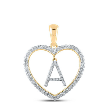 Image of 10kt Yellow Gold Womens Round Diamond Heart A Letter Pendant 1/4 Cttw