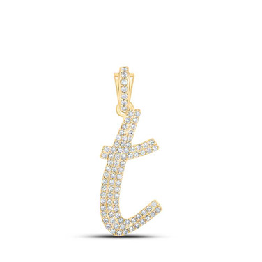 Image of 10kt Yellow Gold Womens Round Diamond T Cursive Initial Letter Pendant 1/3 Cttw