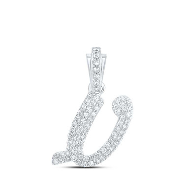 Image of 10kt White Gold Womens Round Diamond V Cursive Initial Letter Pendant 1/3 Cttw