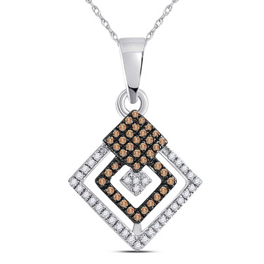 Image of 10kt White Gold Womens Round Brown Diamond Square Pendant 1/4 Cttw