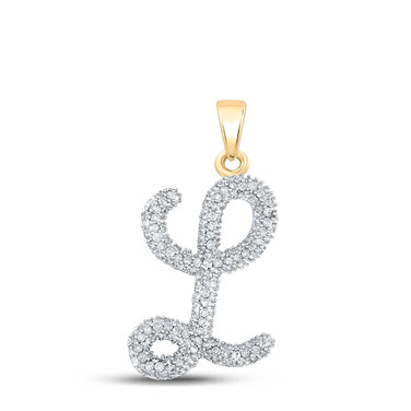 Image of 10kt Yellow Gold Womens Round Diamond Cursive Letter L Pendant 1/6 Cttw