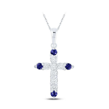 Image of 10kt White Gold Womens Round Blue Sapphire Diamond Cross Pendant 1/4 Cttw