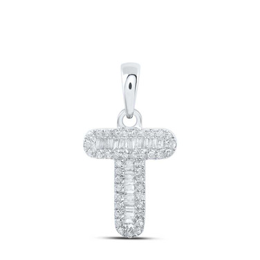 Image of 10kt White Gold Womens Baguette Diamond T Initial Letter Pendant 1/4 Cttw