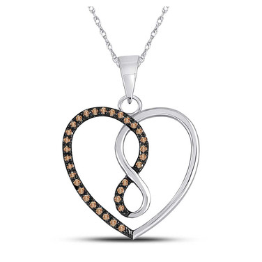 Image of 10kt White Gold Womens Round Brown Diamond Heart Infinity Pendant 1/8 Cttw