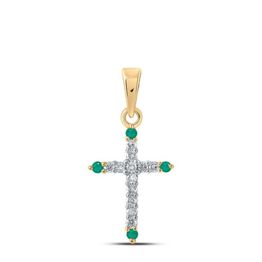 Image of 10kt Yellow Gold Womens Round Emerald Diamond Cross Pendant 1/6 Cttw