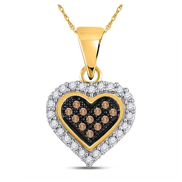 Image of 10kt Yellow Gold Womens Round Brown Diamond Heart Cluster Pendant 1/8 Cttw
