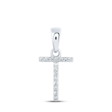 Image of 10kt White Gold Womens Round Diamond T Initial Letter Pendant 1/20 Cttw