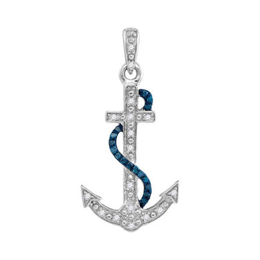 Image of Sterling Silver Womens Round Blue Color Enhanced Diamond Nautical Anchor Pendant 1/10 Cttw