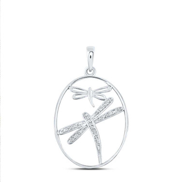 Image of Sterling Silver Womens Round Diamond Dragonfly Oval Pendant 1/10 Cttw