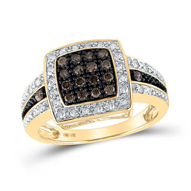 Image of 10kt Yellow Gold Womens Round Brown Diamond Square Cluster Ring 1/2 Cttw