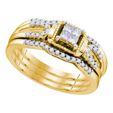 Image of 10kt Yellow Gold Princess Diamond Bridal Wedding Ring Band Set 1/4 Cttw