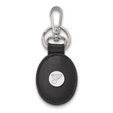 Sterling Silver Rhodium-plated NHL LogoArt St. Louis Blues Black Leather Oval Key Chain