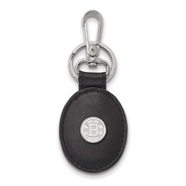 Sterling Silver Rhodium-plated NHL LogoArt Boston Bruins Black Leather Oval Key Chain