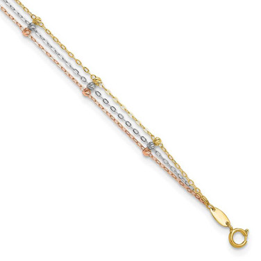 Image of 10k Tri-color Gold 3-Strand Diamond-cut Beaded 9in Plus 1in ext Anklet