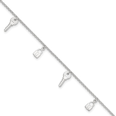 Sterling Silver Polished Lock and Key 10in Plus 1in Ext. Anklet