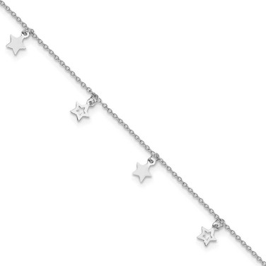 Image of Sterling Silver Rhodium-plated Polished Star 9.5in Plus 1in ext. Anklet