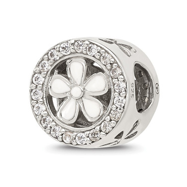 Sterling Silver Reflections Polish CZ and White Enamel Flower Circle Bead
