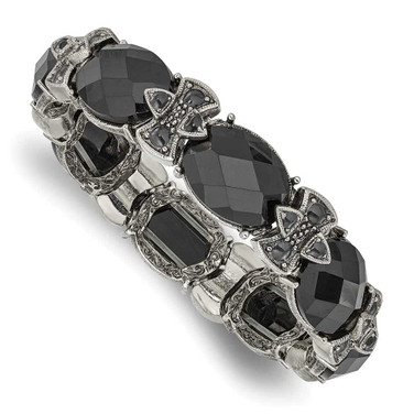 Image of 1928 Jewelry Silver-tone Frame Black Enamel and Black Faceted Crystal Stretch Bracelet