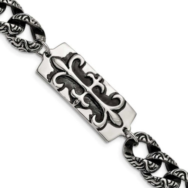 Image of Stainless Steel Antiqued and Polished Fleur de Lis 9in Bracelet