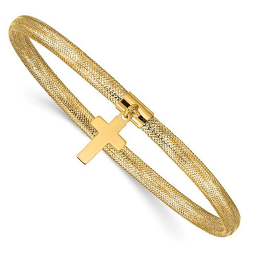 Image of 10k Yellow Gold Mesh Cross Dangle Stretch Bracelet