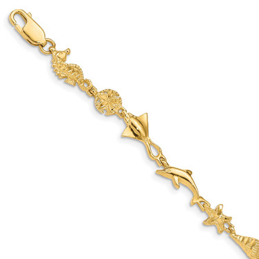 14K Yellow Gold Polished and Textured Ocean Motif 7 inch Bracelet