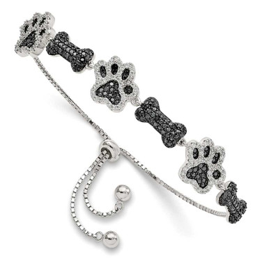Image of Sterling Silver Polished CZ Paw Print & Dog Bone Adj Bracelet Image of Sterling Silver Polished CZ Paw Print & Dog Bone Adj Bracelet
