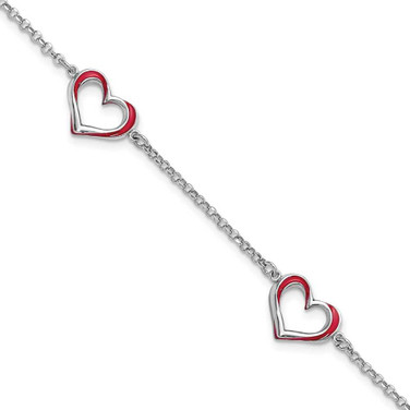 Image of Sterling Silver Rhodium-plated Red Enamel 3-Heart w/.5 in Ext Bracelet