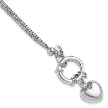 Image of Sterling Silver Rhodium-plated Polished Puff Heart Dangle 6.5in Bracelet