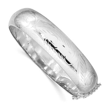 Image of Sterling Silver Rhodium-plated Diamond-cut 15mm Fancy Hinged Bangle Bracelet