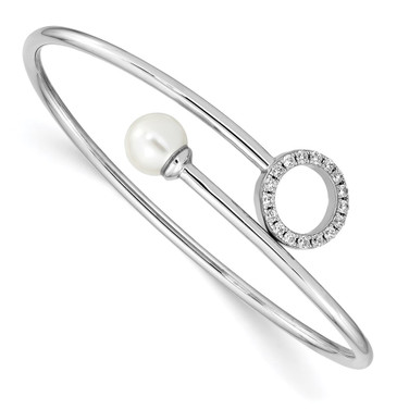Sterling Silver Rhodium-plated Simulated Pearl and CZ Flexible Bangle Bracelet