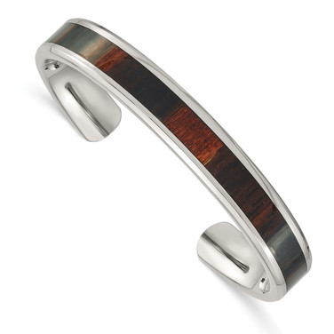 Chisel Stainless Steel Polished with Enameled Koa Wood Inlay Cuff Bracelet