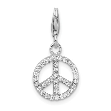 Amore La Vita Sterling Silver Rhodium-plated Polished CZ Peace Sign Charm with Fancy Lobster Clasp