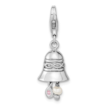Amore La Vita Sterling Silver Rhodium-plated Polished 3-D CZ and Freshwater Cultured Pearl Wedding Bell Charm with Fancy Lobster Clasp