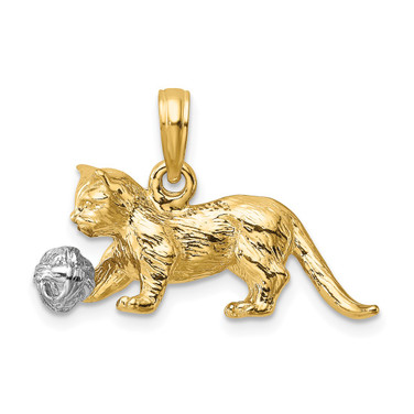 14k Two-tone Gold 3-D Cat Playing with Moveable Ball Pendant