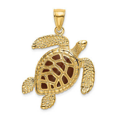 14K Yellow Gold 3-D Brown Enamel Textured Sea Turtle Pendant