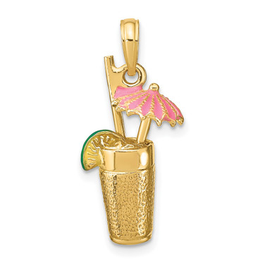 14K Yellow Gold 3-D Cocktail Drink w/Pink Enamel Umbrella Pendant