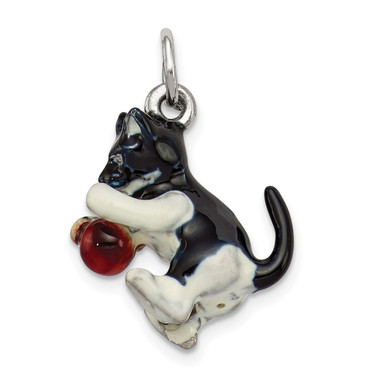 Sterling Silver Enamel Cat Playing with Red Ball Charm