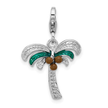 Image of Sterling Silver Amore La Vita Rhodium-plated Enameled Palm Tree w Coconuts Charm