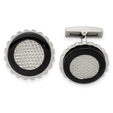Image of Stainless Steel Polished Black IP-plated Textured Edge Circle Cufflinks