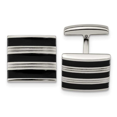 Image of Chisel Stainless Steel Polished Grooved Black Rubber Stripes Cufflinks
