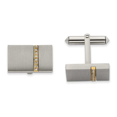 Image of Chisel Titanium Brushed Yellow IP-plated with CZ Rectangular Cuff Links