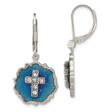 SOF Silver-tone Blue Enamel and Crystal Cross Leverback Earrings