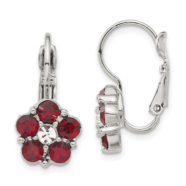 1928 Jewelry Silver-tone Flower Shape Red and Clear Epoxy Stone Leverback Earrings