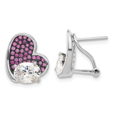 Image of 14.5mm Sterling Silver w/ Black Rhodium Pink & Clear CZ Heart Omega Post Earrings